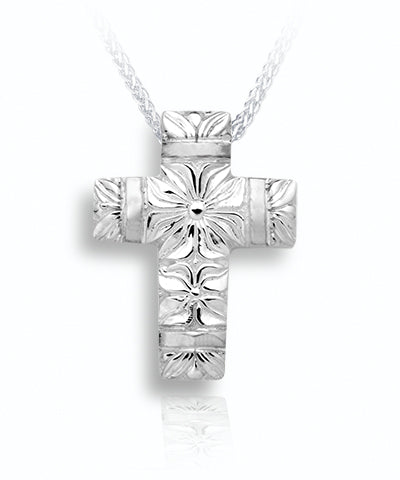 Flowers and Band Cross Sterling Silver Cremation Necklace