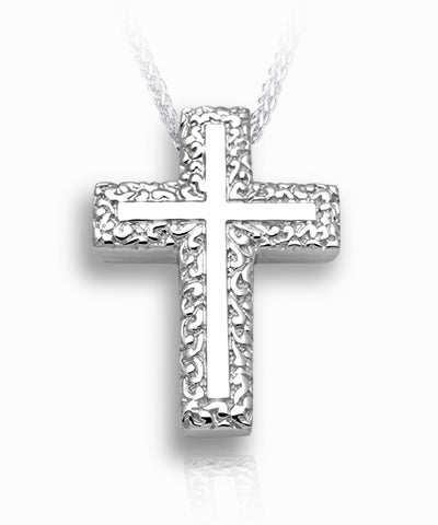Swirl Border Cross Sterling Silver Cremation Necklace