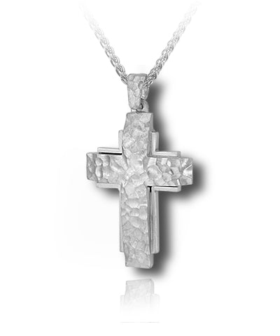 Hammer Texture Cross Sterling Silver Cremation Necklace
