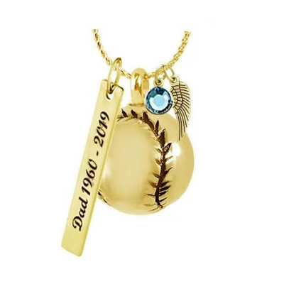 Gold Baseball Cremation Necklace