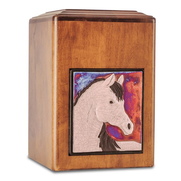 Raku Wood White Horse Cremation Urn