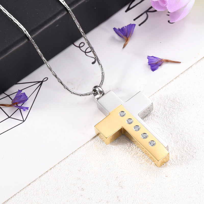 Silver and Gold Cremation Cross Necklace