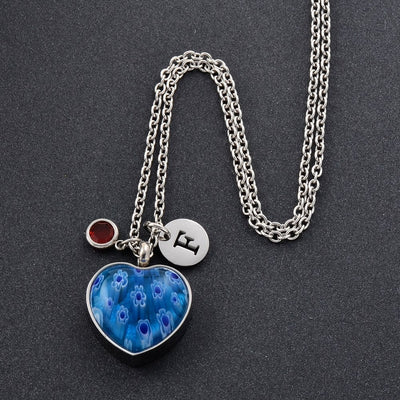 Handstamped Blue Colored Glass Urn Necklace