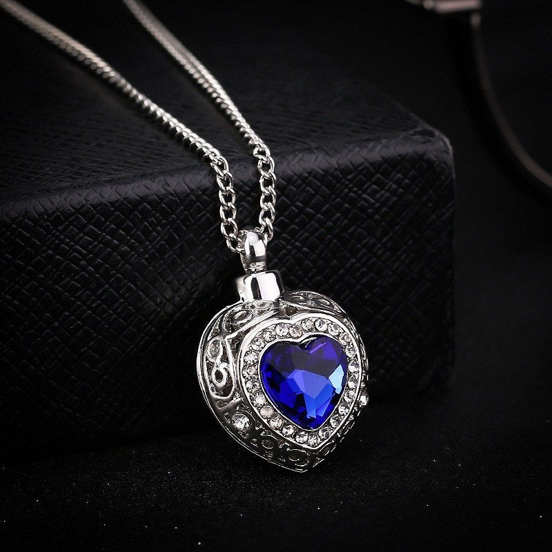 Royal Blue Crystal Heart Urn Necklace