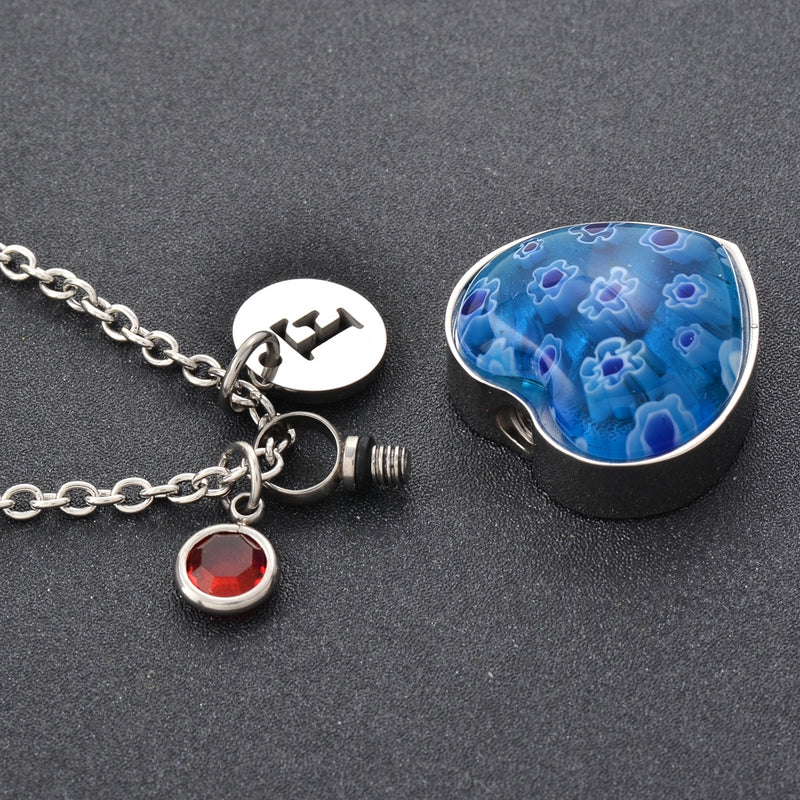 Handstamped Blue Colored Glass Urn Necklace