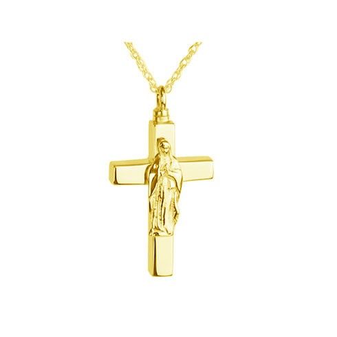 Mother Mary 14K Gold Cross Cremation Pendant